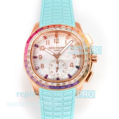 Super Reissue Patek Philippe V2 Aquanaut Luce Rose Gold Rainbow Diamond Rubber Strap Watch 